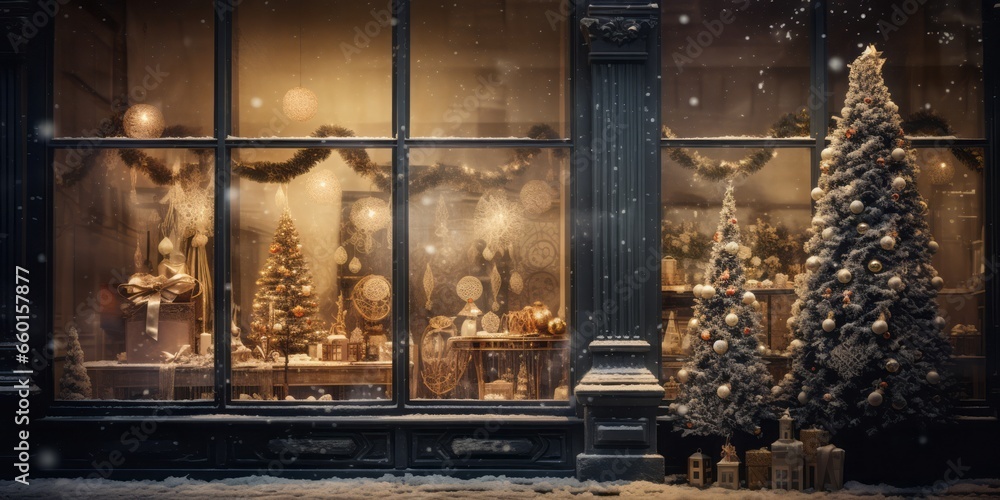 Festive Storefront Delight: A Christmas Tree Wonderland in a Shop Window