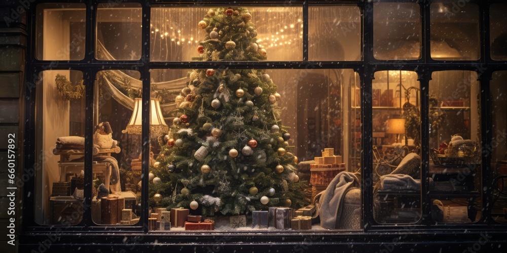 Festive Storefront Delight: A Christmas Tree Wonderland in a Shop Window