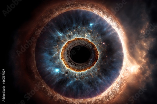 human eye cornea close up space astral sci fi centered stars galaxy nebula universe highly detailed scientific photo sense of awe wormhole  photo