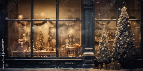 Festive Storefront Delight: A Christmas Tree Wonderland in a Shop Window photo