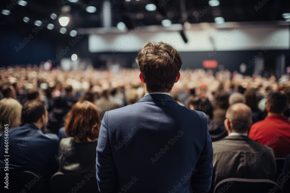 Speaker at Business convention and Presentation, rear view of participants in audience Speaker at Business convention and Presentation, rear view of participants in audience
