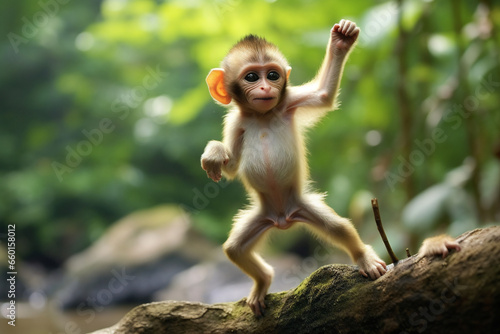 Adorable monkey joyfully dances atop a tree branch, spreading happiness and playfulness in the surroundings. photo