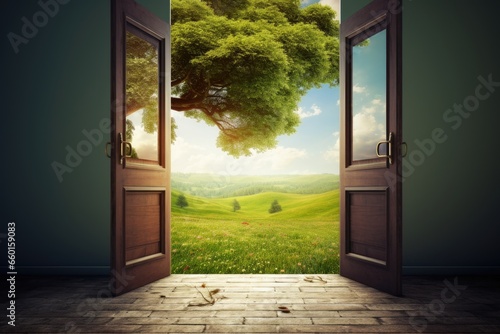 An open door showing the path to a new land. photo