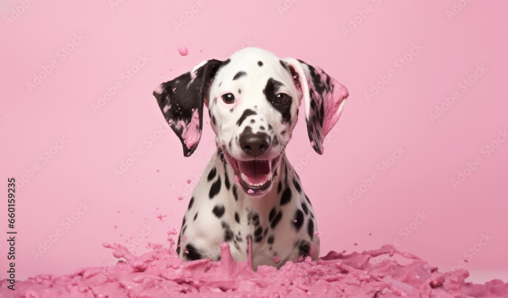 The happy stone Dalmatian is deep in the pink mud.