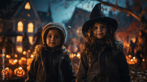 Children in costumes of witch in front of a dark house in holiday Halloween.