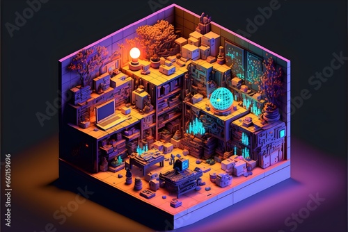 isometric voxel art studio product Shutter Speed 14000 F22 White Balance 32k SuperResolution wide shot Megapixel ProPhoto RGB VR Good Massive Halfrear Lighting Backlight Natural Lighting  photo