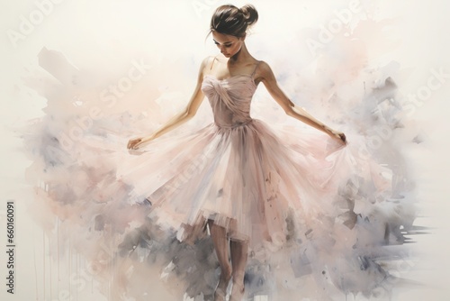 graceful girl in a ballet dress drawn in watercolor