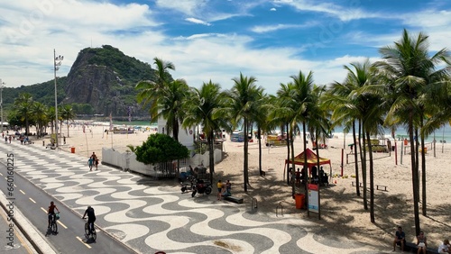 Palm Trees At Copacabana Beach In Rio De Janeiro Brazil. Travel Destination. Tourism Scenery. Copacabana Beach At Rio De Janeiro Brazil. Summer Travel. Tropical Scenery.