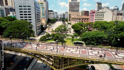 Santa Efigencia Viaduct at cityscape Sao Paulo Brazil. Stunning landscape of historic center of city. Medieval buildings and viaducts of historic center of Sao Paulo. Travel destination.