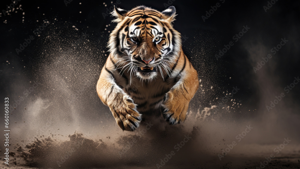 An aggressive tiger runs on the sand and download to the camera	
 - obrazy, fototapety, plakaty 