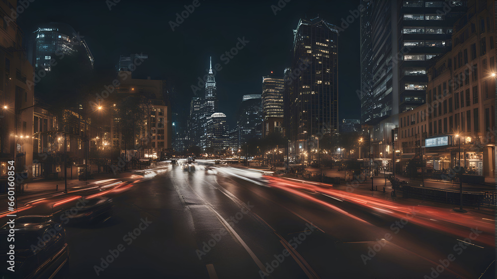 Chicago street view at night with car light trails on the road.