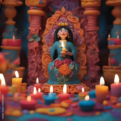 Candles and clay statue of Hindu Goddess Durga in the festival of Durga Puja