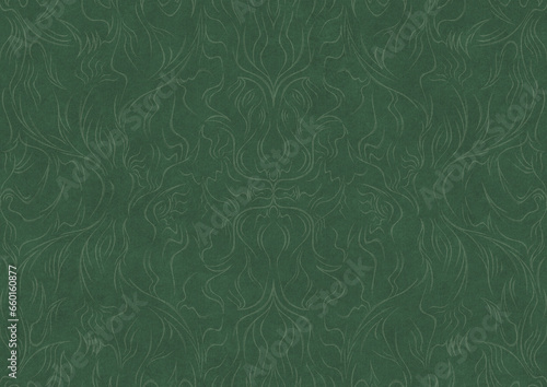 Hand-drawn unique abstract symmetrical seamless ornament. Bright semi transparent green on a deep warm green background. Paper texture. Digital artwork, A4. (pattern: p11-1a)