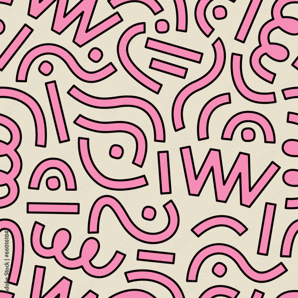 Childish pattern with pink curves and geometric shapes. Fun and colorful seamless geometric pattern. Confetti background. Pattern with dots, curves, and lines. Childish pattern with pink curves and geometric shapes. Fun and colorful seamless geometric pattern. Confetti background. Pattern with dots, curves, and lines.