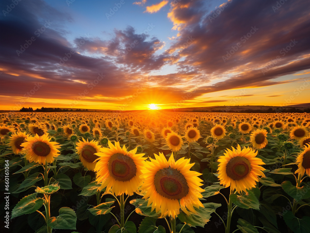 Vibrant sunset colors illuminate a sunflower field under a dramatic sky filled with cloudy hues.