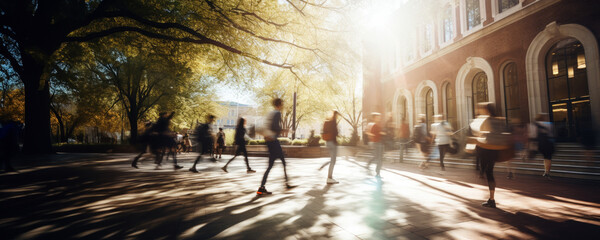 Crowd of students walking through a college campus on a sunny day, motion blur