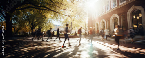 Crowd of students walking through a college campus on a sunny day, motion blur