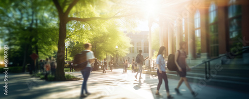 Crowd of students walking through a college campus on a sunny day, motion blur