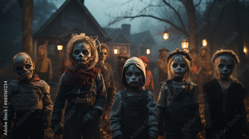 Halloween. Creepy, scary little zombie kids in front of a spooky house at night. Halloween. Creepy, scary little zombie kids in front of a spooky house at night.