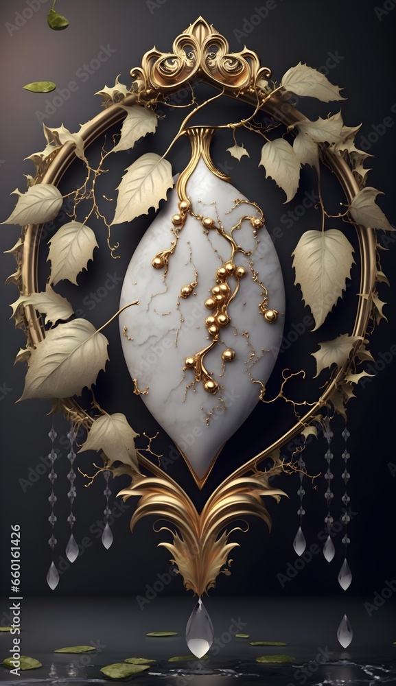 hanging gold metal decorated white gold poison ivy leaves with dripping ...