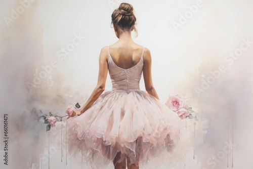 graceful girl in a ballet dress drawn in watercolor back