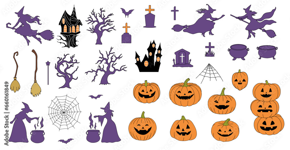 Halloween Symbol Icon Set, Vector Halloween Illustrations, Halloween Clipart, Pumpkins, Jack o Lantern, Witch, Spooky Trees, Witch House, Magic, Witchcraft, Bat, Cauldron, Broomsticks Halloween Symbol Icon Set, Vector Halloween Illustrations, Halloween Clipart, Pumpkins, Jack o Lantern, Witch, Spooky Trees, Witch House, Magic, Witchcraft, Bat, Cauldron, Broomsticks
