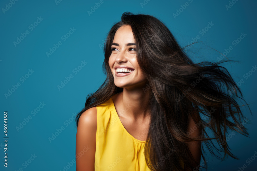 portrait of smiling young woman laughing against blue background portrait of smiling young woman laughing against blue background