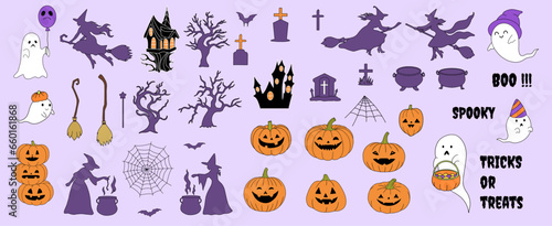 Halloween Vector Set  Halloween Decorations  Halloween Clipart  Pumpkins  Jack o Lantern  Witch  Spooky Trees  Witch House  Magic  Witchcraft  Bat  Cauldron  Broomsticks