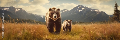 two brown bears walking on a grass field Generative AI photo