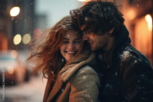 Young couple in love having fun in the city in winter