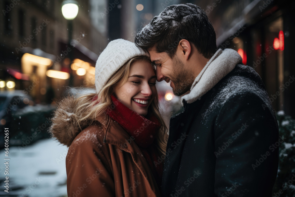 Young couple in love having fun in the city in winter Young couple in love having fun in the city in winter