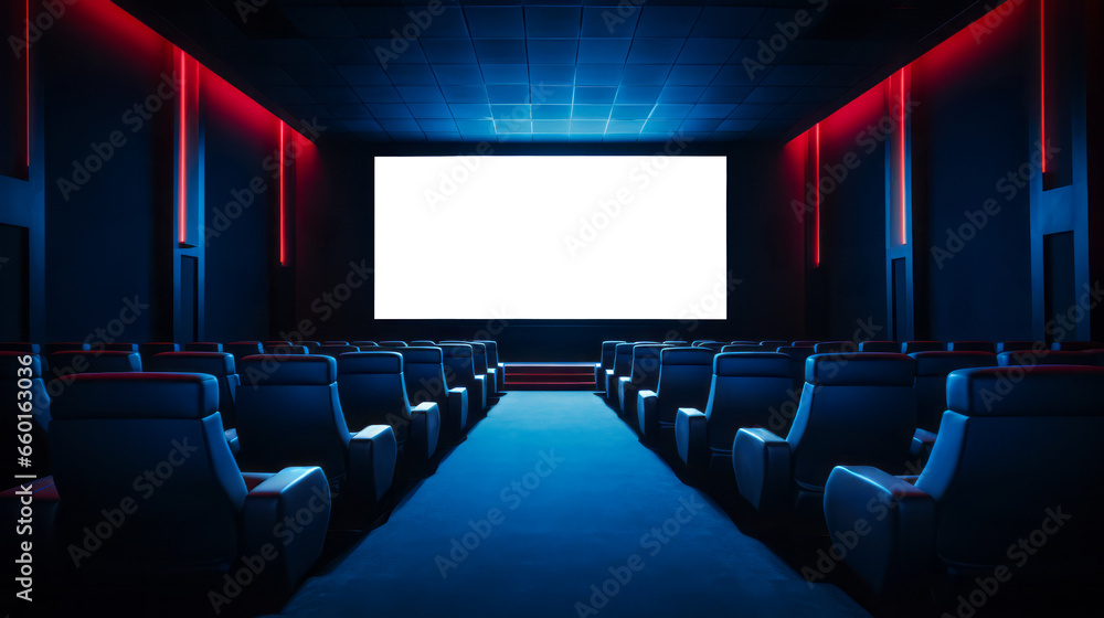 Movie cinema hall interior with rows of blue seats and white blank mockup screen. Ai generative illustration - obrazy, fototapety, plakaty 