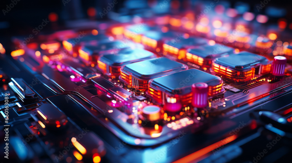 Closeup hardware background of motherboard. Circuit cpu microchip digital. Ai generative illustration - obrazy, fototapety, plakaty 
