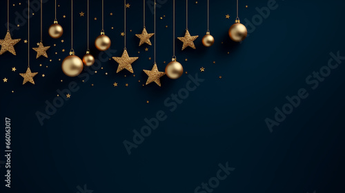 golden baubles and stars on a deep blue background