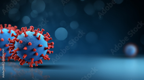 Close up macro details of red blue microbes molecules virus bacteria. Copy space. Coronavirus outbreak COVID-19. Medicine concept. Ai generative illustration