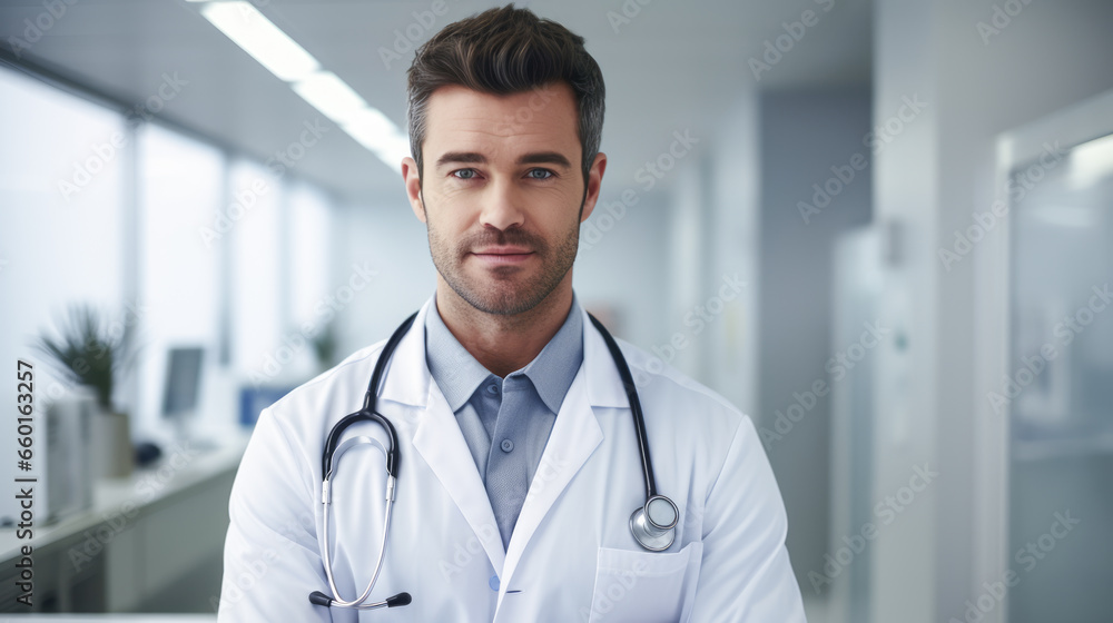 Doctor with stethoscope standing in hospital. Concept of healthcare and medical diagnosis and treatment. Med Insurance. Copy space. Ai generative Doctor with stethoscope standing in hospital. Concept of healthcare and medical diagnosis and treatment. Med Insurance. Copy space. Ai generative