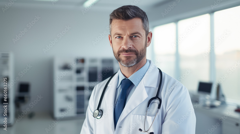 Doctor with stethoscope standing in hospital. Concept of healthcare and medical diagnosis and treatment. Med Insurance. Copy space. Ai generative Doctor with stethoscope standing in hospital. Concept of healthcare and medical diagnosis and treatment. Med Insurance. Copy space. Ai generative