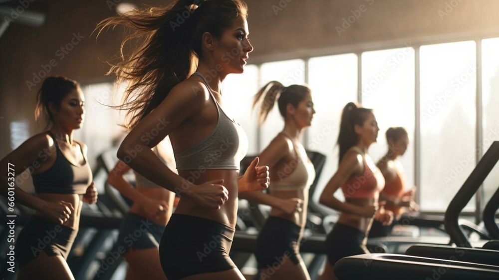 Women running on treadmills in the gym - obrazy, fototapety, plakaty 
