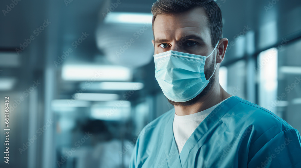 Doctor man wear mask standing in hospital surgery room. Concept of healthcare and medical diagnosis and treatment. Copy space. Ai generative Doctor man wear mask standing in hospital surgery room. Concept of healthcare and medical diagnosis and treatment. Copy space. Ai generative