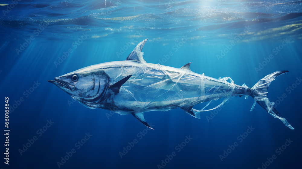 Tuna Fish made of plastic bags are swiming in the ocean. Contamination of the Oceans. Marine