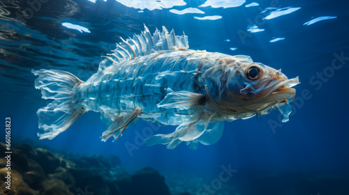 Barracuda Fish made of plastic bags are swiming in the ocean. Contamination of the Oceans. Marine plastic pollution concept. Environmental pollution. Ai generative