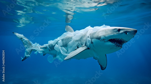 Shark made of plastic bags are swiming in the ocean. Contamination of the Oceans. Marine plastic pollution concept. Environmental pollution. Ai generative