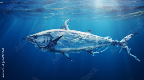 Tuna Fish made of plastic bags are swiming in the ocean. Contamination of the Oceans. Marine plastic pollution concept. Environmental pollution. Ai generative