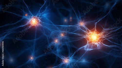 Brain stimulation activity with neuron close-up microscpoe illustration. Neurology  cognition  neuronal network  psychology  neuroscience scientific concepts. Ai generative