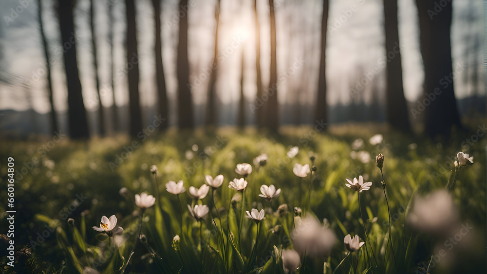 Beautiful spring meadow with white flowers in the forest at sunset