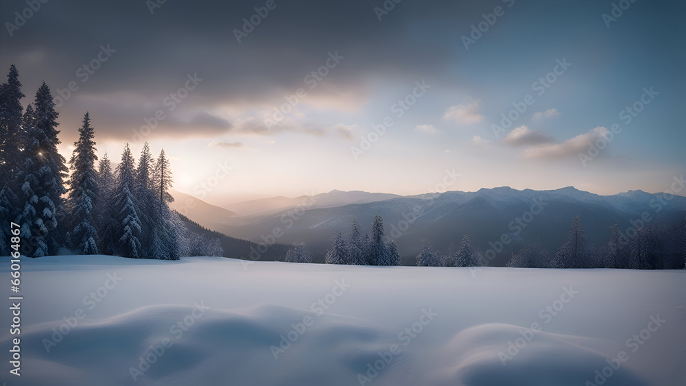 Majestic sunset in the winter mountains landscape. Dramatic wintry scene. Carpathian. Ukraine. Europe. Beauty world.