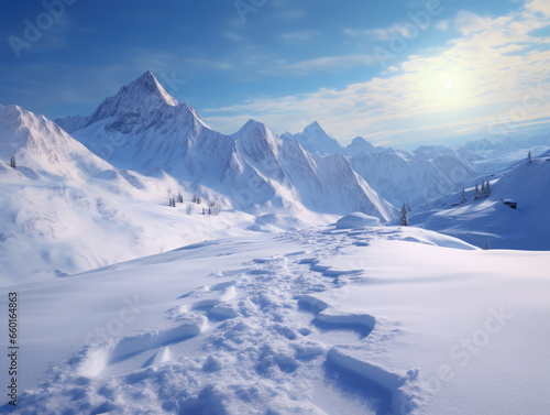 Winter in mountains  snow blankets peaks  crisp air  skiing fun  cozy lodges  wildlife  and frozen waterfalls.