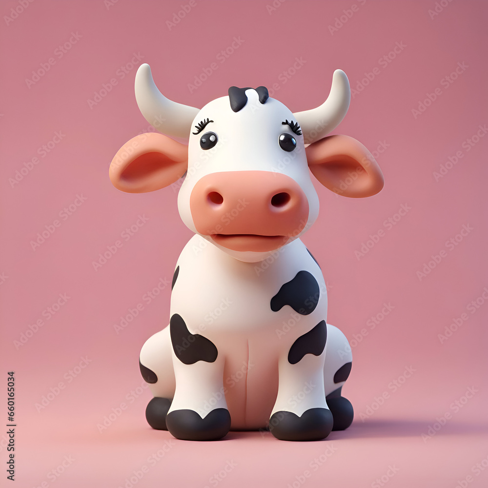 Cute cartoon cow isolated on pink background. 3d illustration.