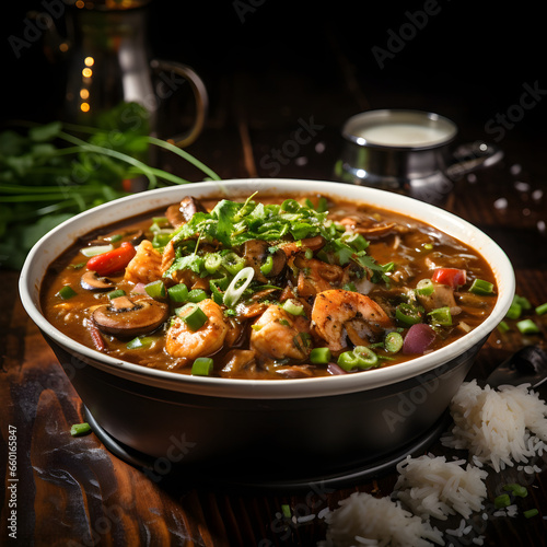 Gloriously spicy gumbo filled with mushrooms, tomatoes, black olives and rice photo