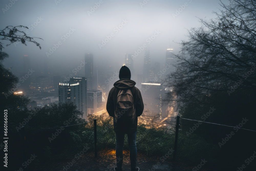 A man stands on a high mountain in front of the city at night. Walking, freedom from gadgets concept